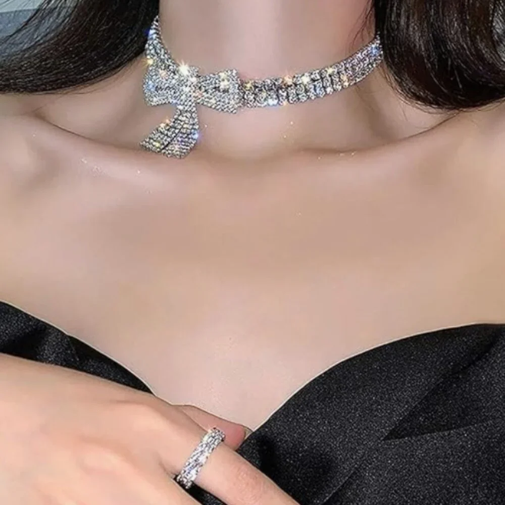 Anthro Gold Bow Rhinestone Necklace Choker